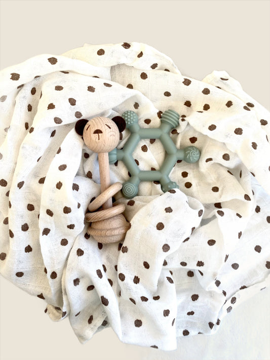 baby swaddle, wooden rattle, silicone teether